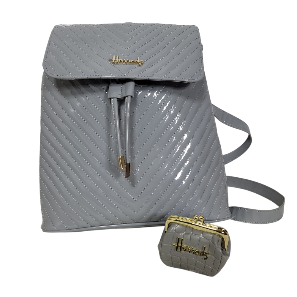 Harrods Gray Patent Leather Quilted Chevron Backpack and Textured Coin Purse Set